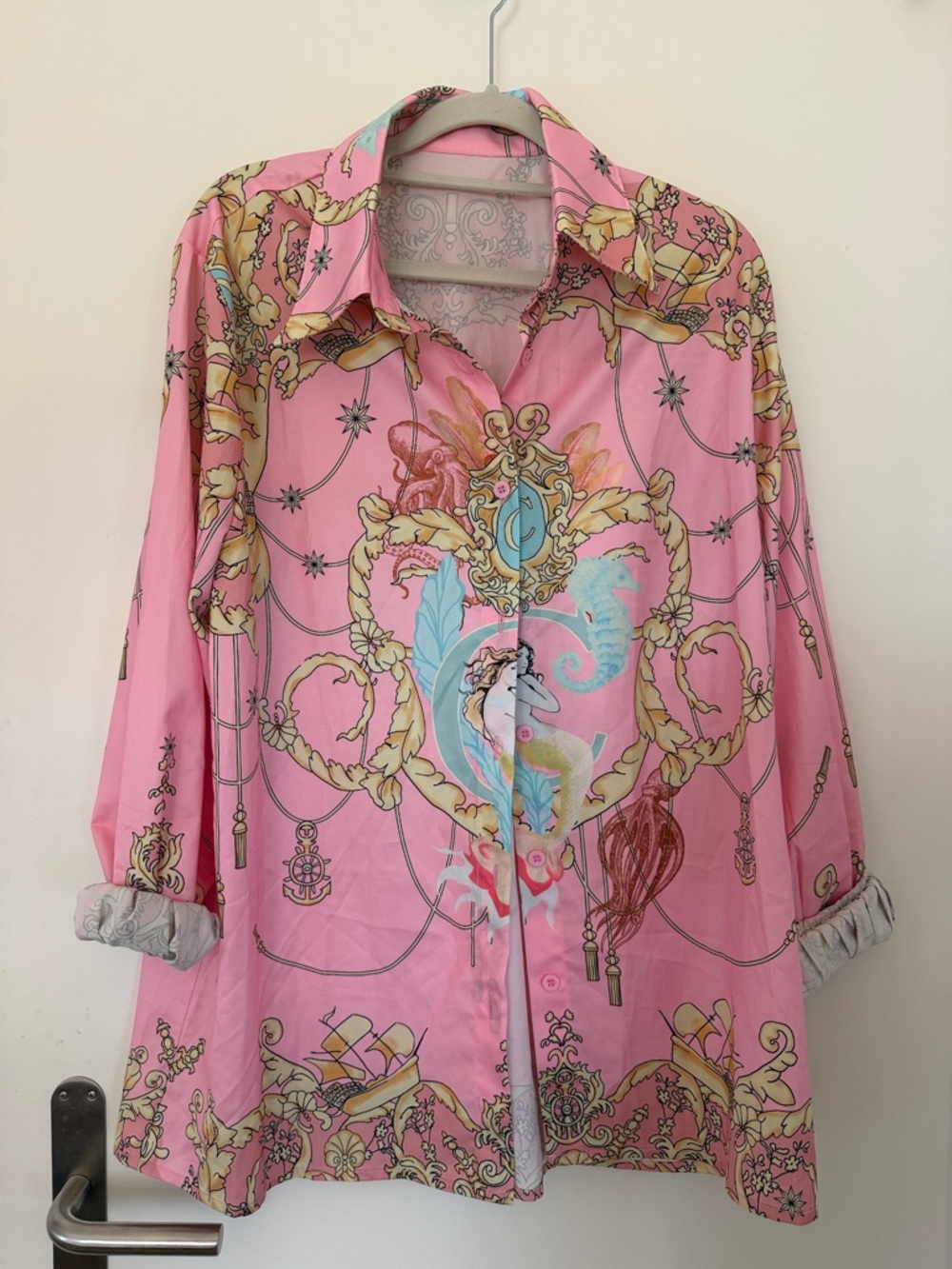 Pink Baroque Print Silk-Look Shirt Jacket and pants M